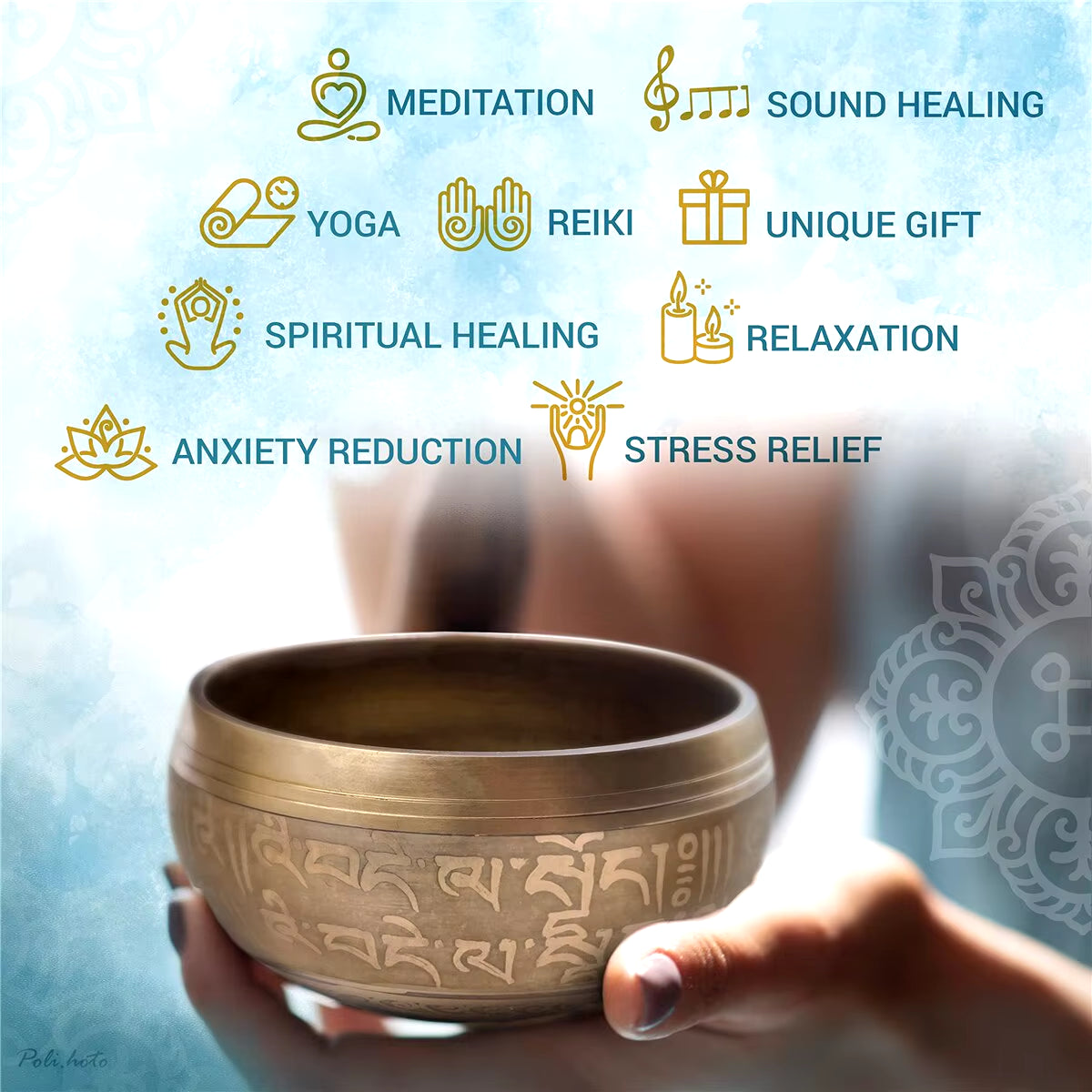 Tibetan Singing Bowl Set Totem Sound Bowl Meditation Bowl Unique Gift Helpful for Meditation Yoga Stress Relief Gold Bowl