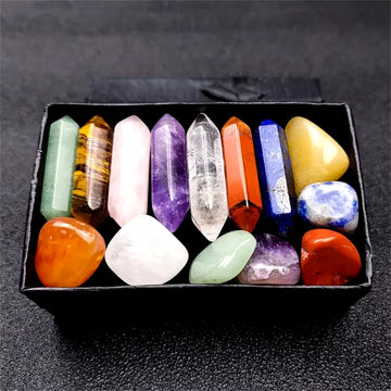 14Pcs Pointed Quartz Crystal Chakra Healing Stones and Crystals Set Hexagon Rose Quartz Gems for Meditation Bedroom Decor