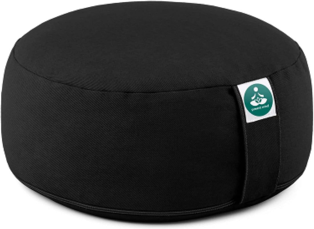 (Height 6.5") round Zafu Yoga Bolster for Gymnastics & Meditation Made in the EU - Deep Black 100% Natural Cotton Yoga Meditation Buckwheat Cushion with Washable Covers