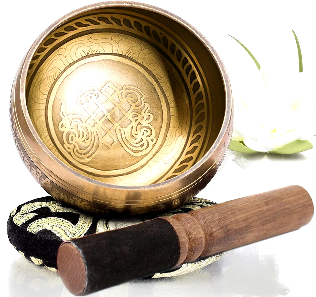 Tibetan Singing Bowl Set Totem Sound Bowl Meditation Bowl Unique Gift Helpful for Meditation Yoga Stress Relief Gold Bowl