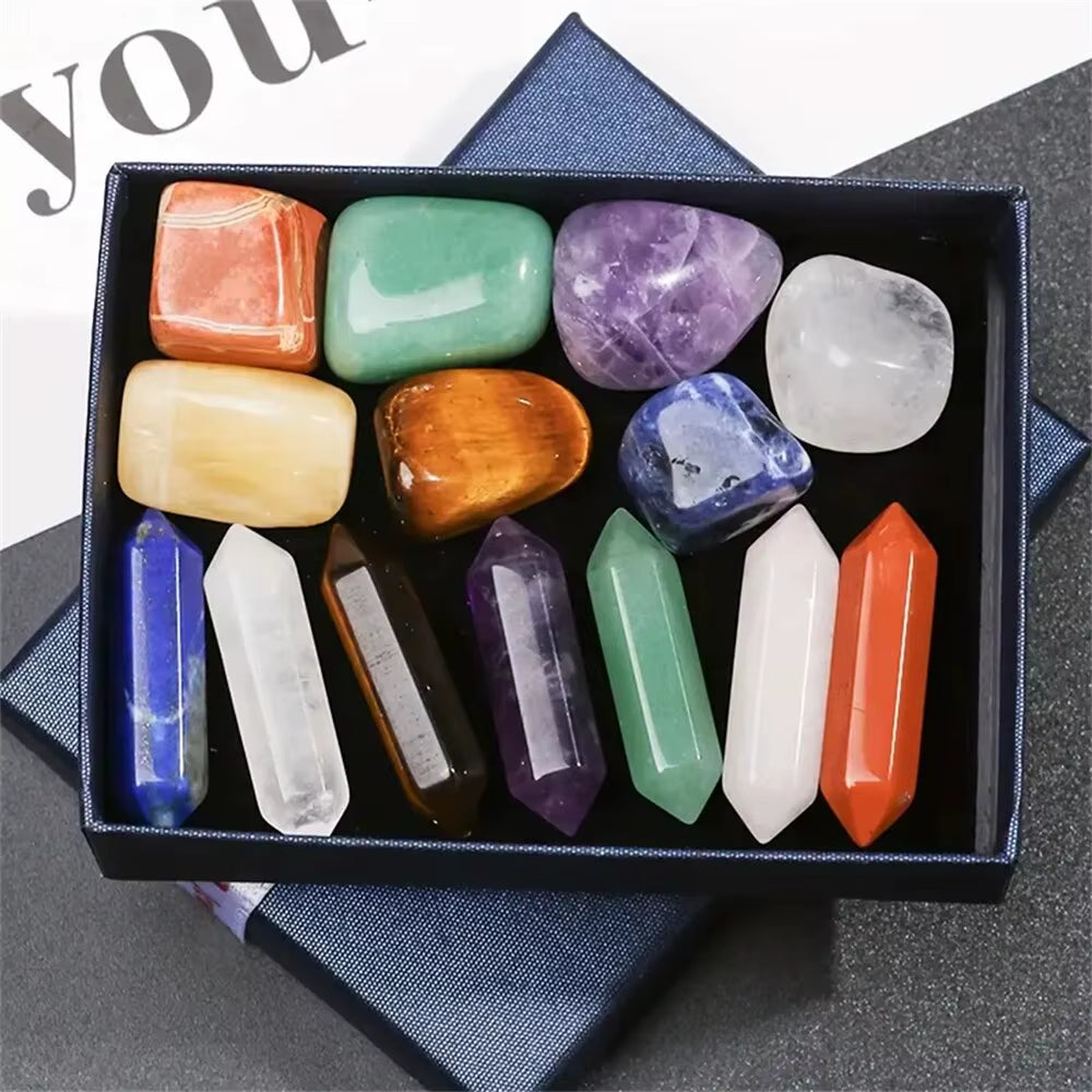 14Pcs Pointed Quartz Crystal Chakra Healing Stones and Crystals Set Hexagon Rose Quartz Gems for Meditation Bedroom Decor